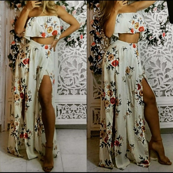 Pants - Floral 2-pc high waisted pants & crop top